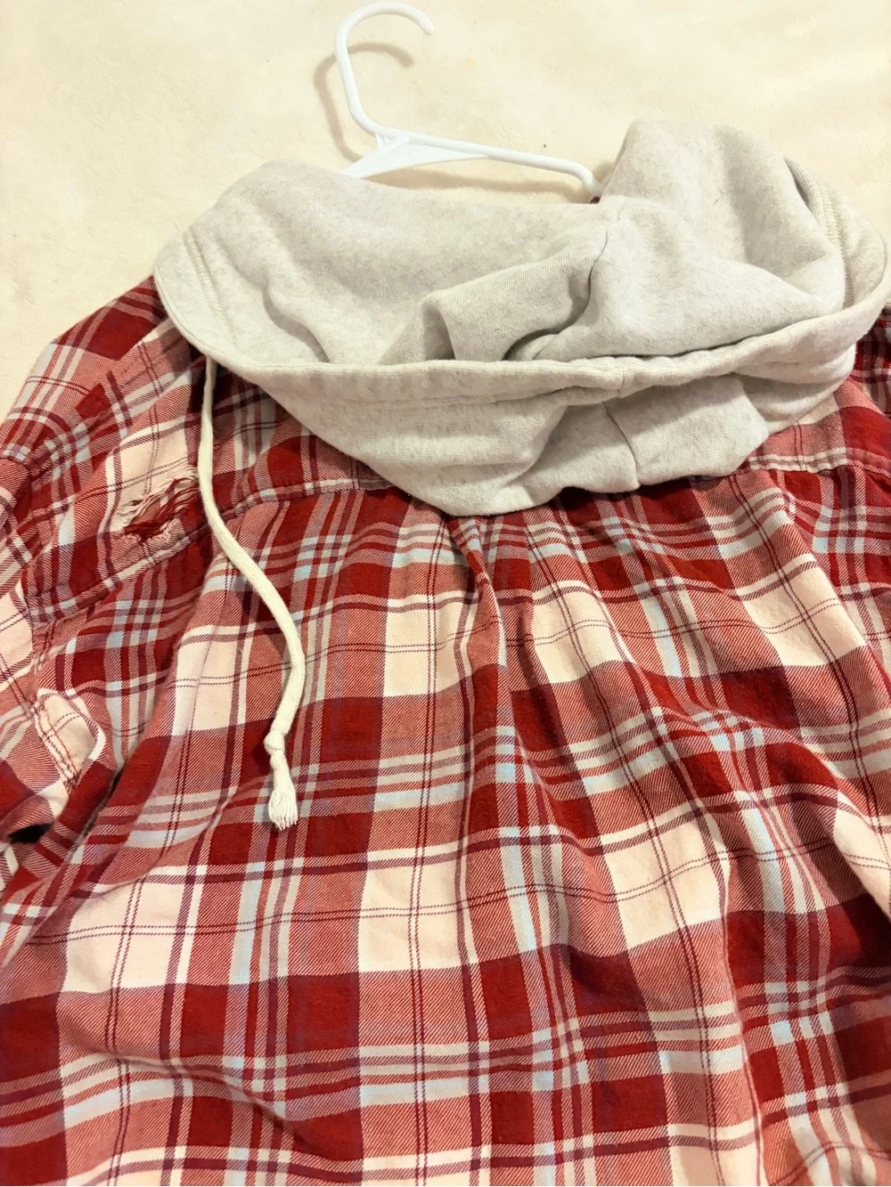 American Eagle Red Plaid Hooded Flannel Shirt